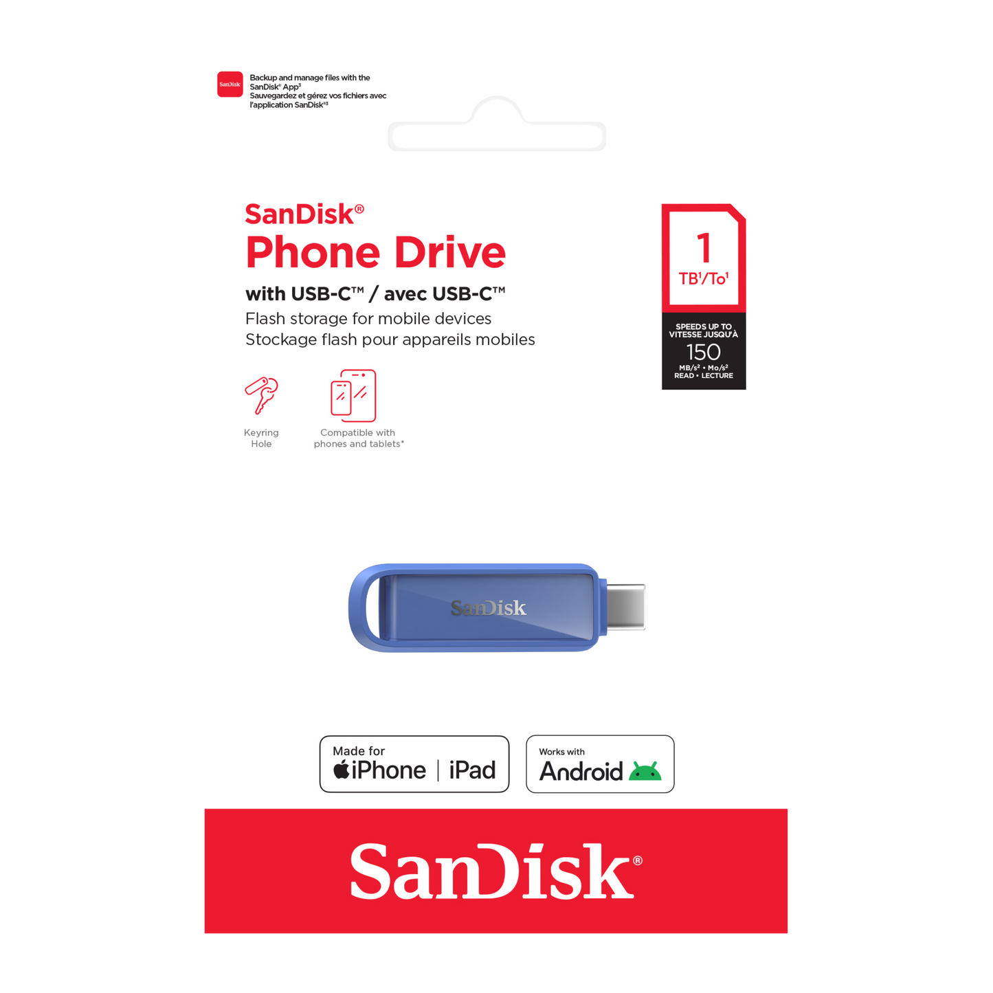 SANDISK® Phone Drive with USB-C™ for smartphones, tablets, and computers (64GB/ 128GB/ 256GB/ 512GB/ 1TB)
