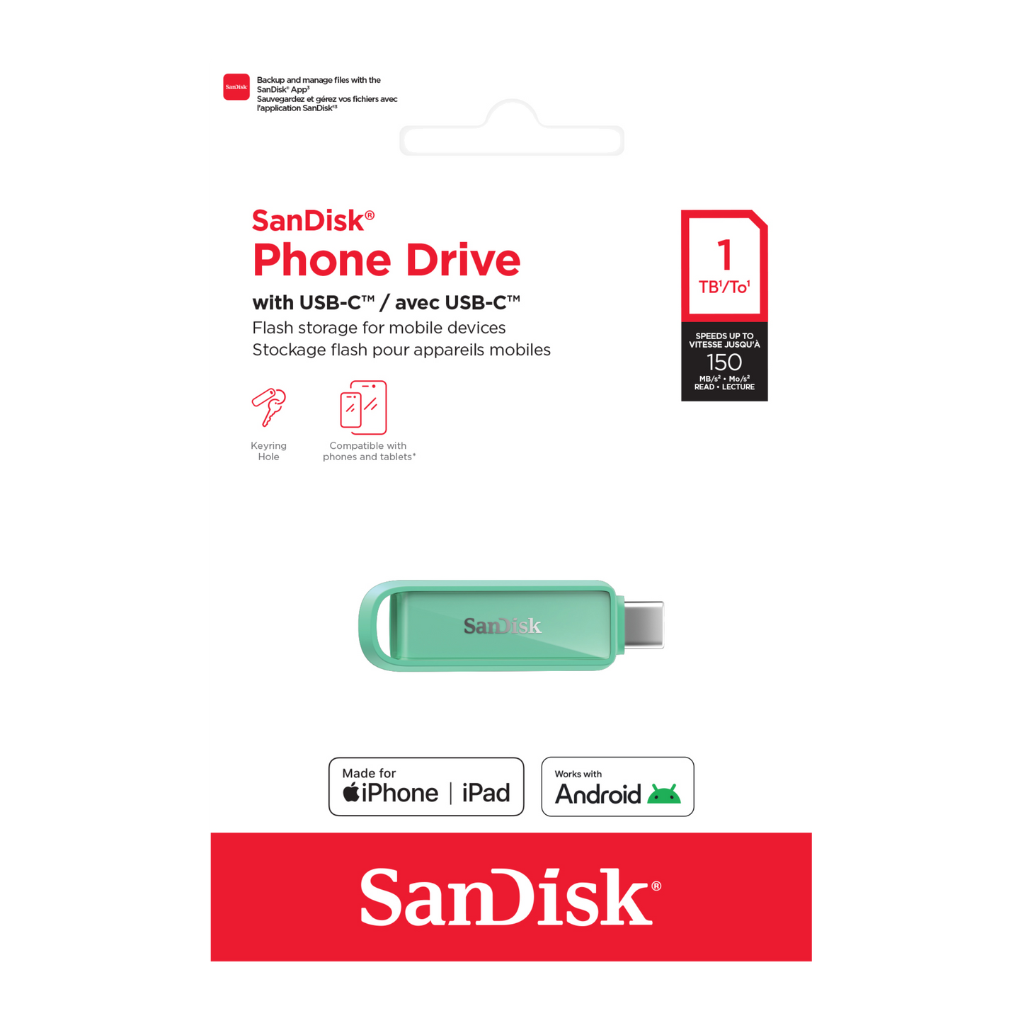 SANDISK® Phone Drive with USB-C™ for smartphones, tablets, and computers (64GB/ 128GB/ 256GB/ 512GB/ 1TB)