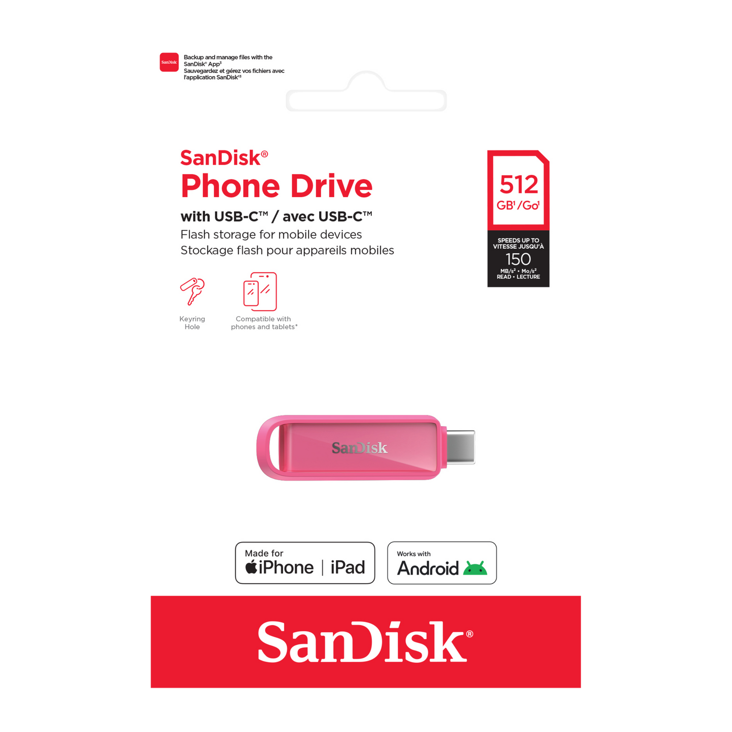 SANDISK® Phone Drive with USB-C™ for smartphones, tablets, and computers (64GB/ 128GB/ 256GB/ 512GB/ 1TB)